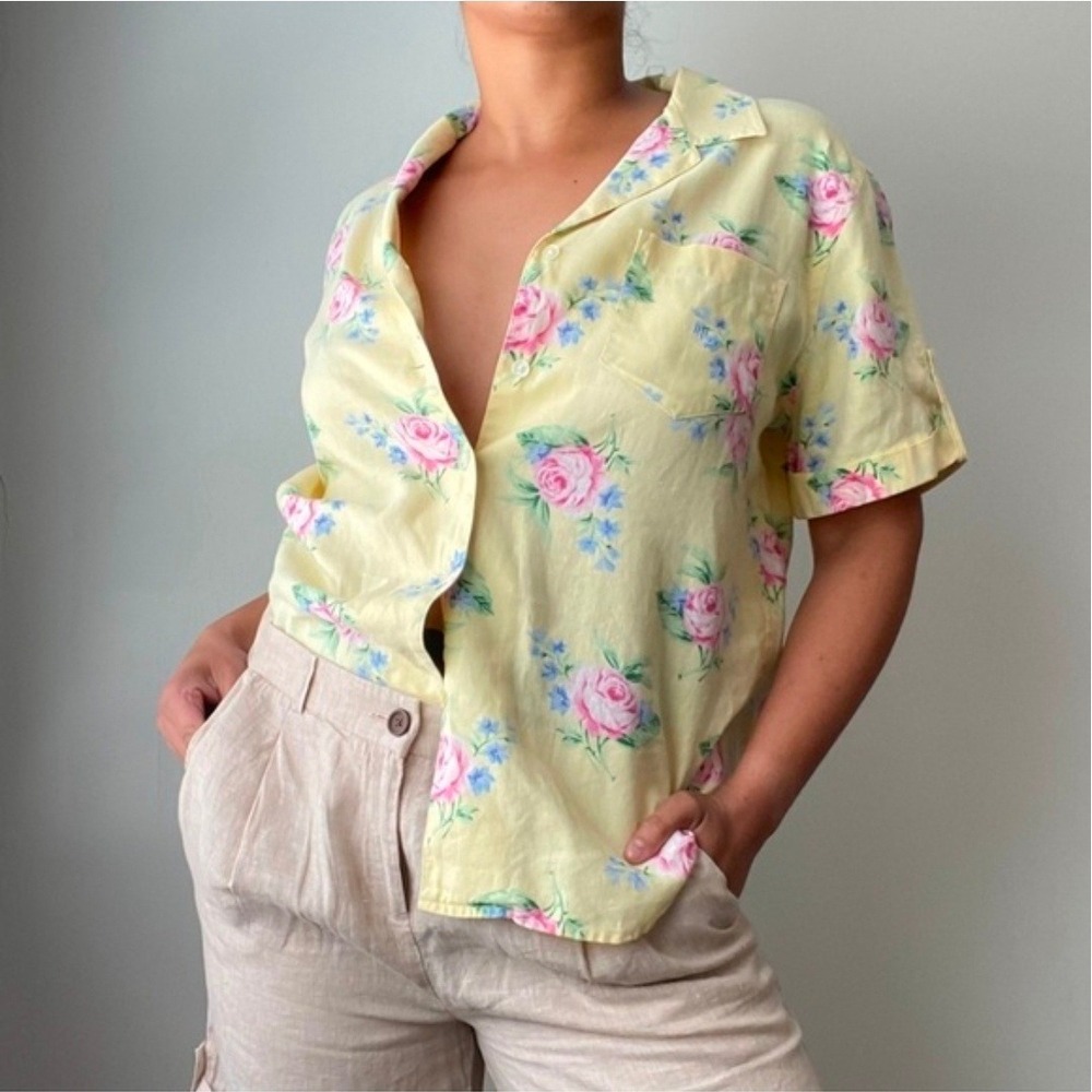 Lauren Ralph Lauren 100% Linen Floral Shirt Rose Romantic Coastal Cottagecore S